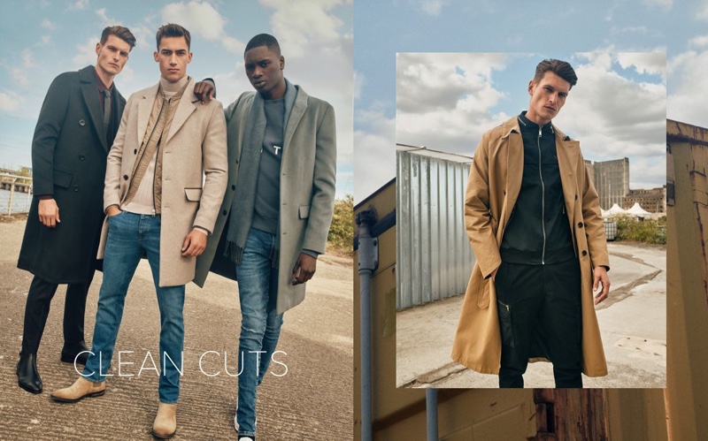 Embracing clean lines, John Todd, Alessio Pozzi, and Junior Choi wear River Island overcoats. 