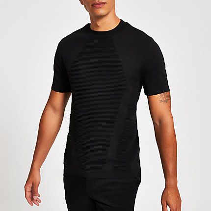 River Island Mens Black ribbed muscle fit knitted T-shirt | The Fashionisto