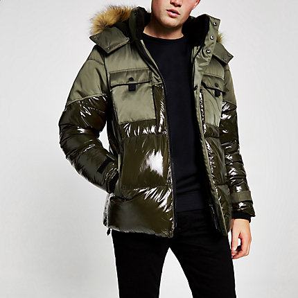 fur puffer shine mens river island khaki hooded faux coat