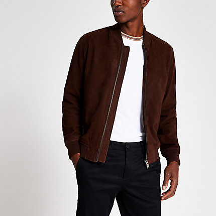 River Island Mens Selected Homme dark brown suede bomber jacket | The ...