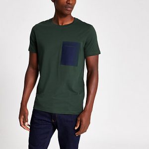River Island Mens Selected Homme green chest pocket T-shirt River Island Mens Selected Homme green chest pocket T-shirt