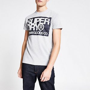 River Island Mens Superdry grey logo short sleeve T-shirt River Island Mens Superdry grey logo short sleeve T-shirt