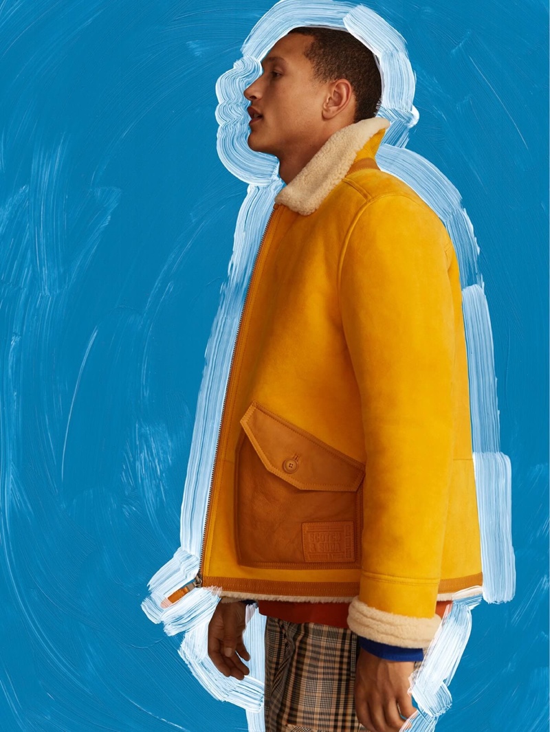 Front and center, Bruno Sitton inspires in Scotch & Soda's yellow shearling jacket $1,195.