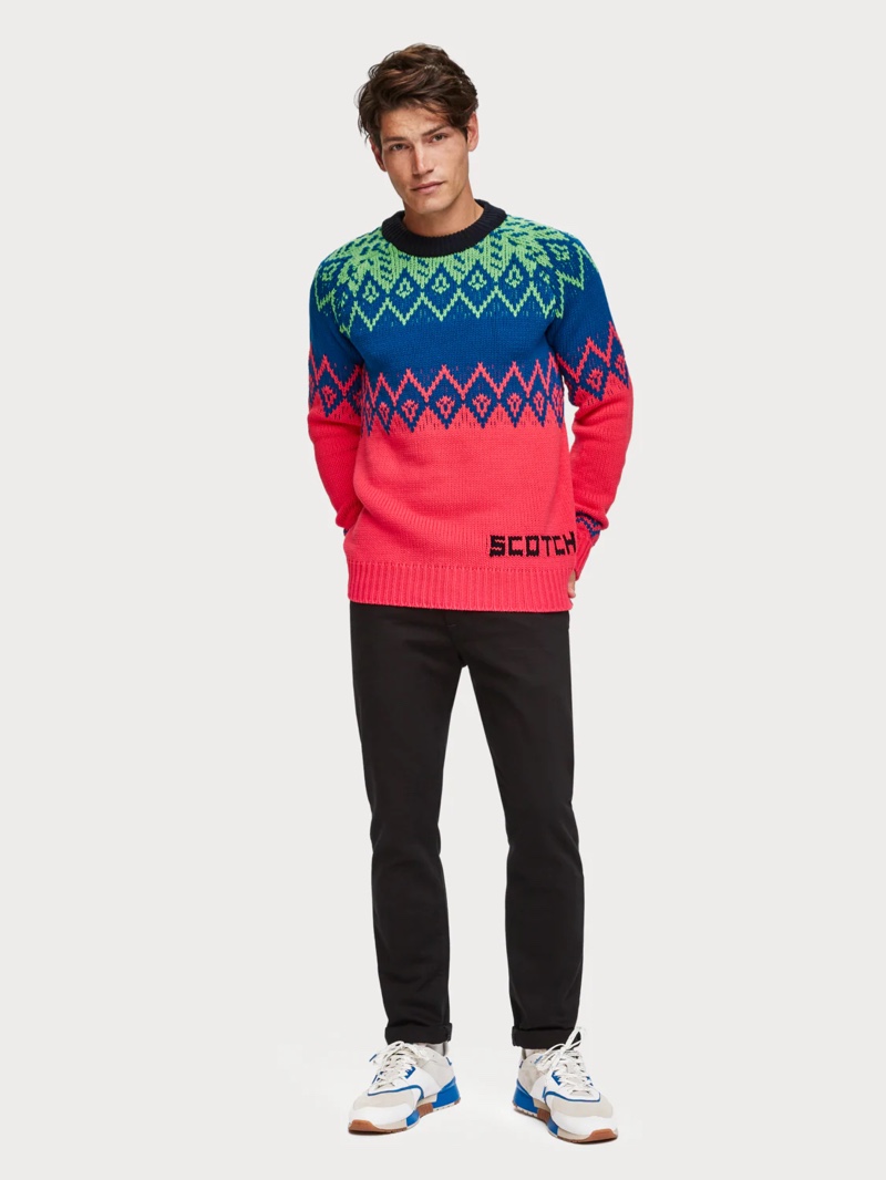 A bright take on traditional Fairisle knit popular around the holiday season – very 90s inspired. 