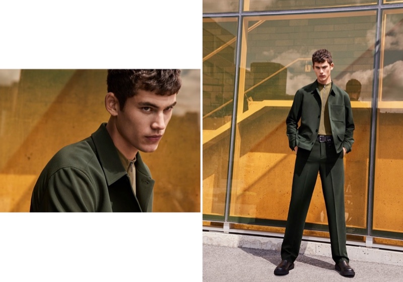 Connecting with Simons for fall, Finn Hayton sports a neo-utilitarian jacket by LE 31.