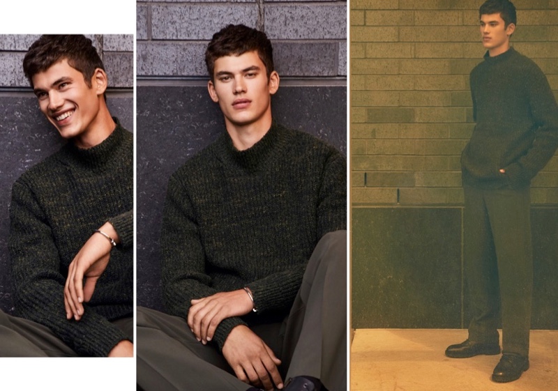 Model Finn Hayton wears a LE 31 minimalist knit mock-neck sweater.