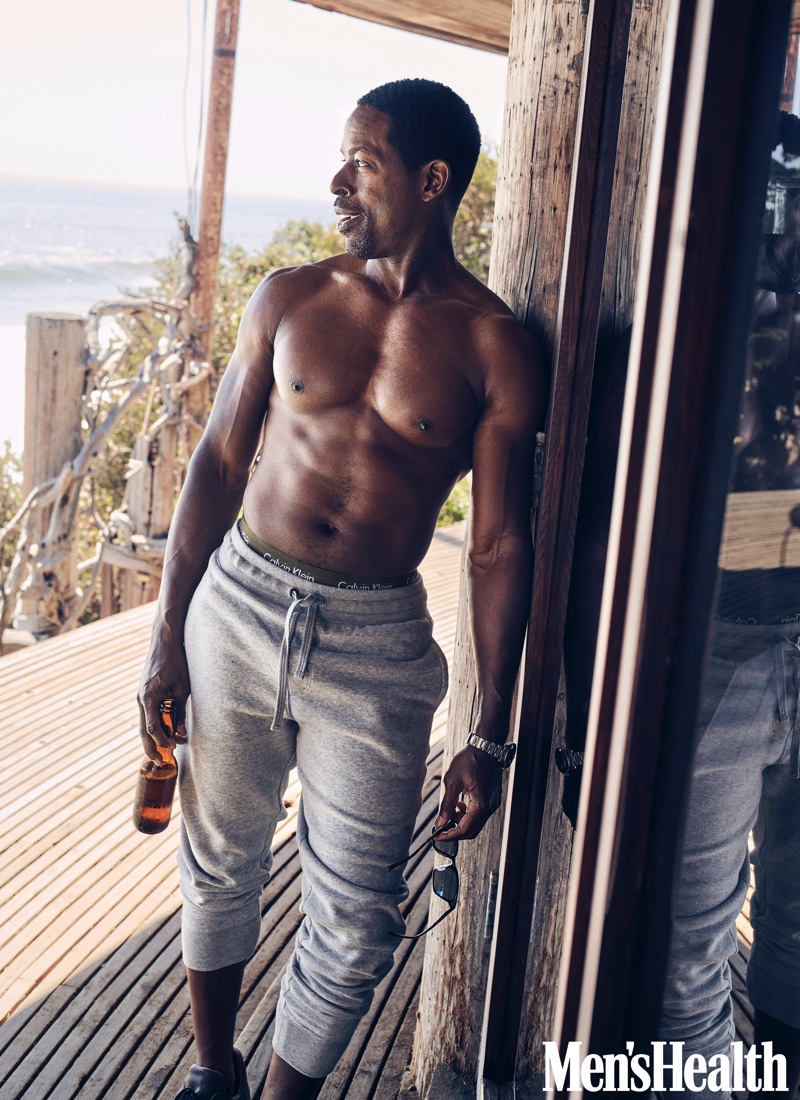 Connecting with Men's Health, Sterling K. Brown wears Gap sweatpants with Calvin Klein underwear.