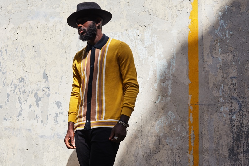 Steven Onoja wears a retro-inspired top from Ben Sherman's fall-winter 2019 collection.