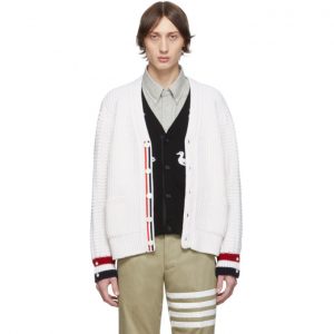 Thom Browne White Merino Wool Funmix Stitch Chunky V-Neck Cardigan Thom Browne White Merino Wool Funmix Stitch Chunky V-Neck Cardigan