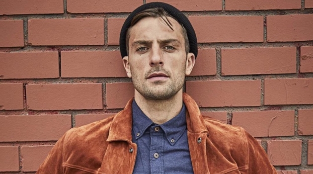 Luxe Utility: Rafael Dons Fall Style Fundamentals for Todd Snyder Standing out in a beautiful rust color, Rafael Lazzini dons a Todd Snyder Italian suede jacket $998 with a brushed cotton cashmere shirt $178 in navy and distressed denim jeans.