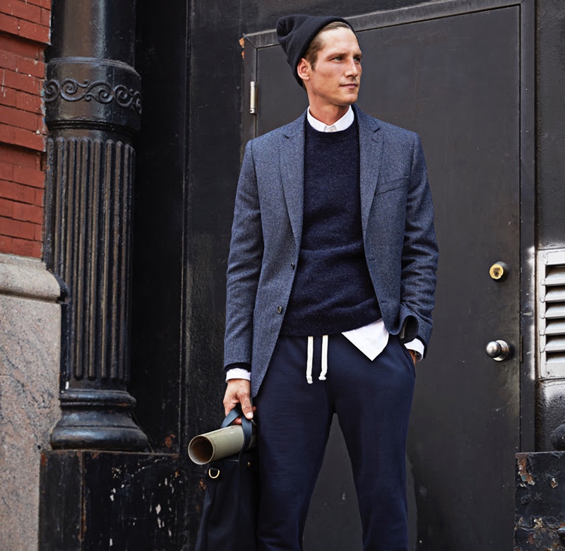 Sporting smart separates, Roch Barbot wears a Todd Snyder navy alpaca sweater $198 with a Sutton lambswool/cashmere herringbone sport coat $498 and Todd Snyder + Champion classic sweatpants $128.