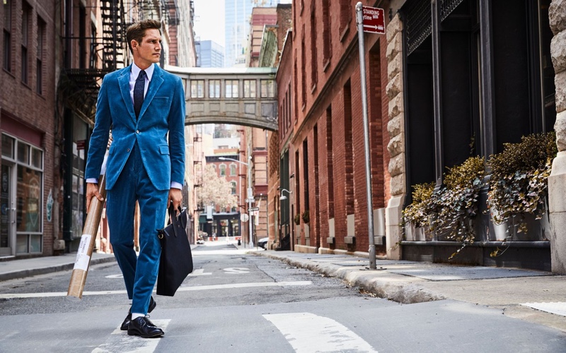 Making a statement, Roch Barbot sports a Todd Snyder Italian stretch cord Sutton suit $1,046 in teal.