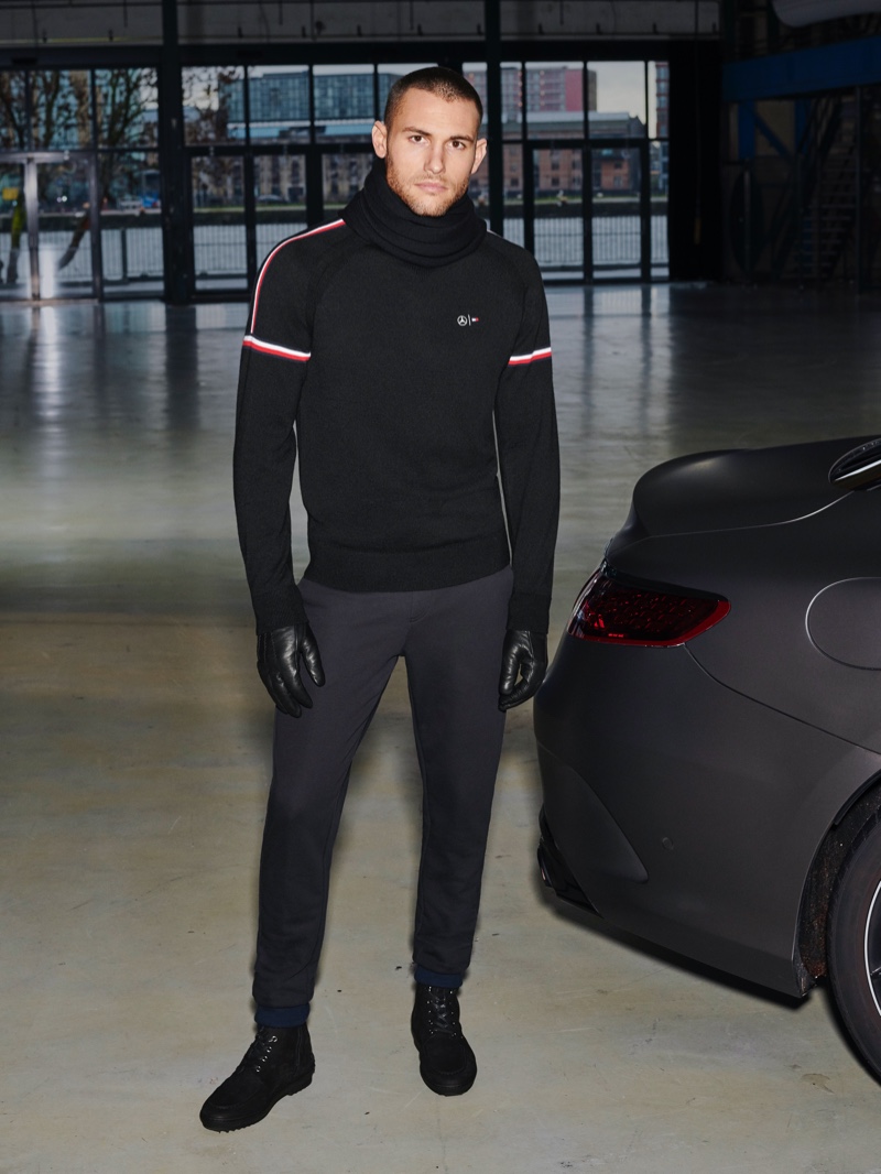 Front and center, Corey Saucier wears clothes from the Tommy x Mercedes-Benz fall-winter 2019 collection.