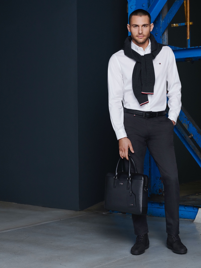 Making a case for smart style, Corey Saucier dons essentials from the Tommy x Mercedes-Benz fall-winter 2019 collection.