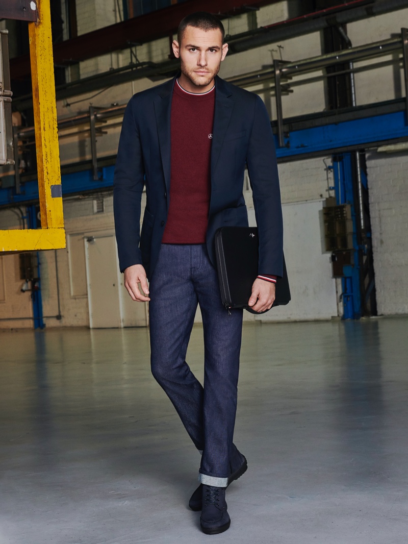 Model Corey Saucier wears sleek menswear pieces from the Tommy x Mercedes-Benz fall-winter 2019 collection.