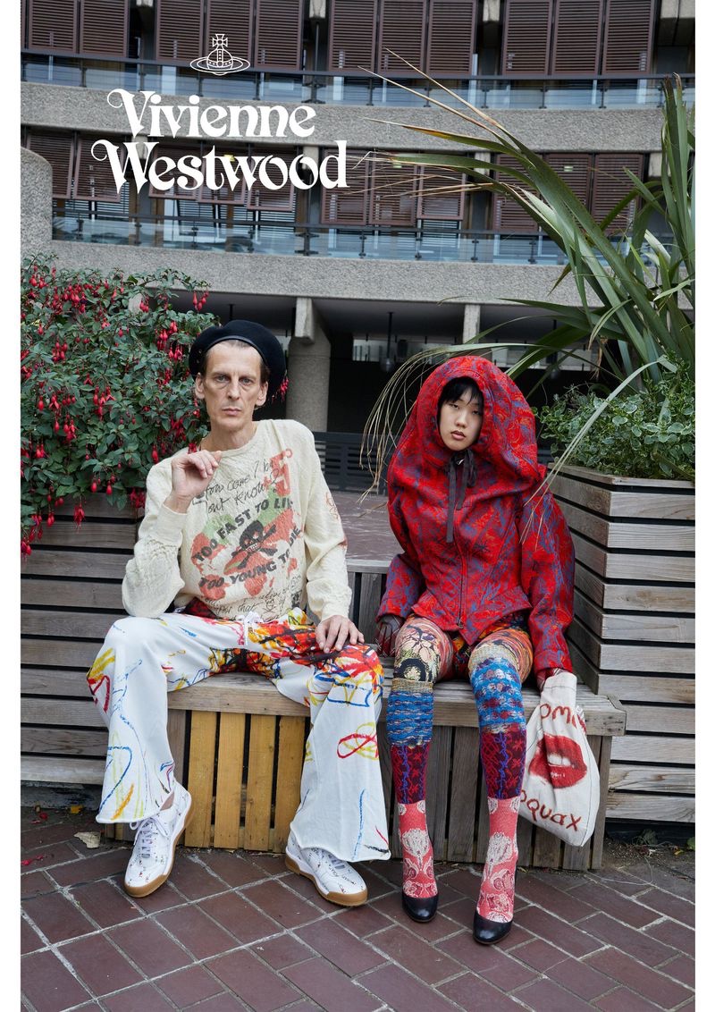 Pictured left, Nicolas Duée sports a bold fall-winter 2019 look for Vivienne Westwood's campaign.