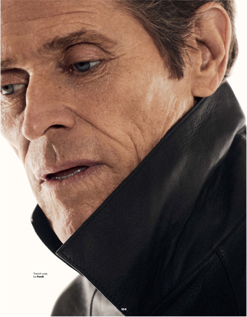 Starring in a new photo shoot, Willem Dafoe dons a Fendi trench coat.