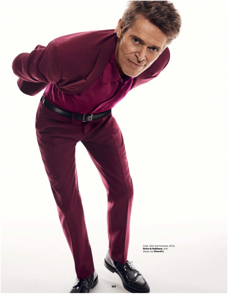 Making a case for color, Willem Dafoe wears a Dolce & Gabbana look with Church's shoes.