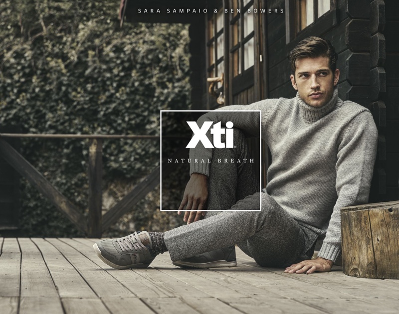 Embracing a grey ensemble, Ben Bowers appears in Xti's fall-winter 2019 campaign.