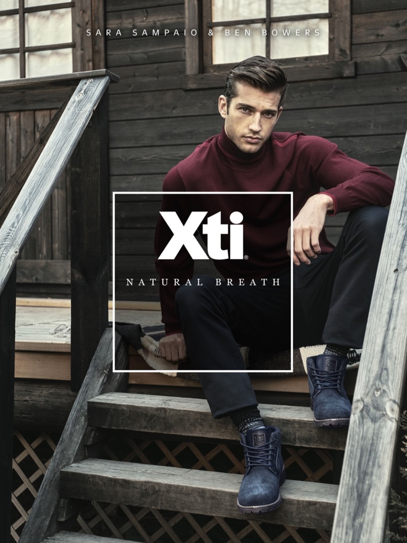 Donning boots, Ben Bowers stars in Xti's fall-winter 2019 campaign.