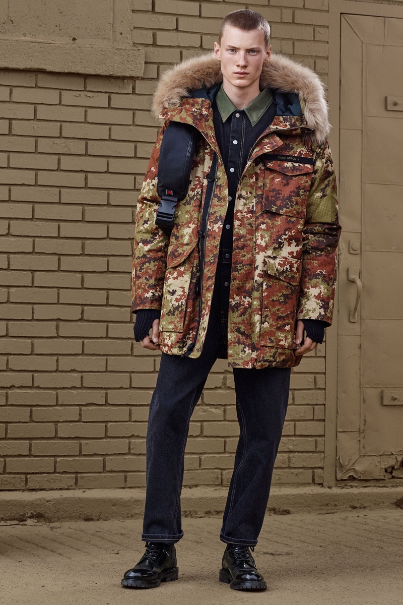 Braien Vaiksaar sports a digital camouflage print parka with denim from Zara SRPLS' fall-winter 2019 collection.