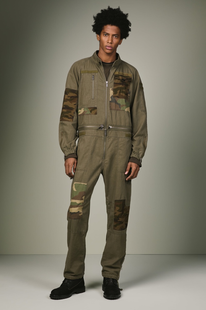 Rafael Mieses makes a military style statement in a jumpsuit from Zara SRPLS' fall-winter 2019 collection.