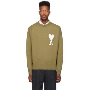 AMI Alexandre Mattiussi Beige Oversize Ami De Coeur Crewneck Sweater AMI Alexandre Mattiussi Beige Oversize Ami De Coeur Crewneck Sweater