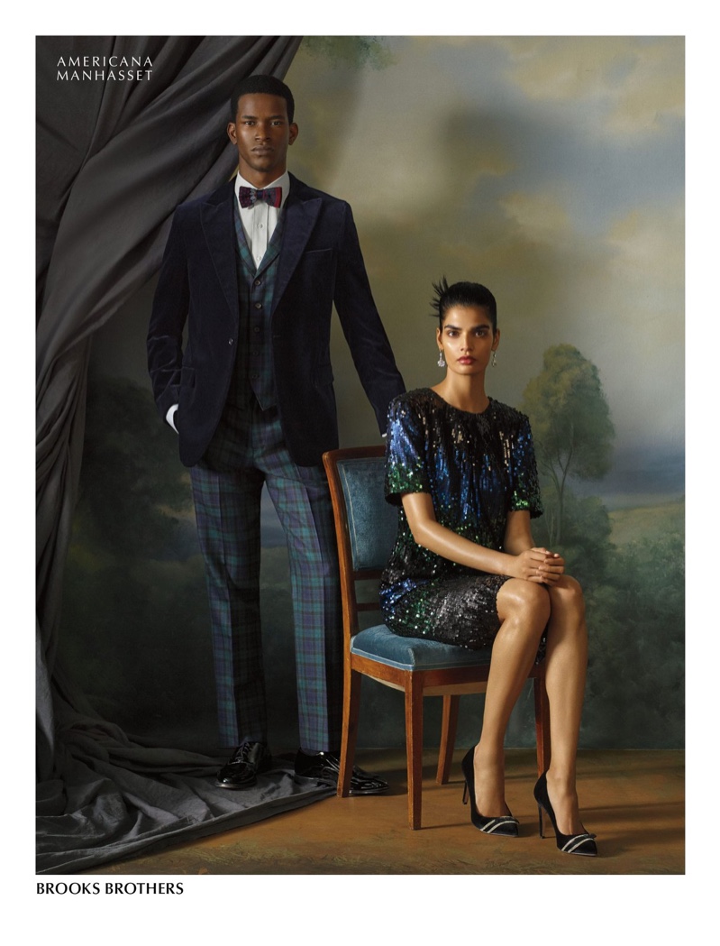 Models Salomon Diaz and Bhumika Arora wear Brooks Brothers for Americana Manhasset.