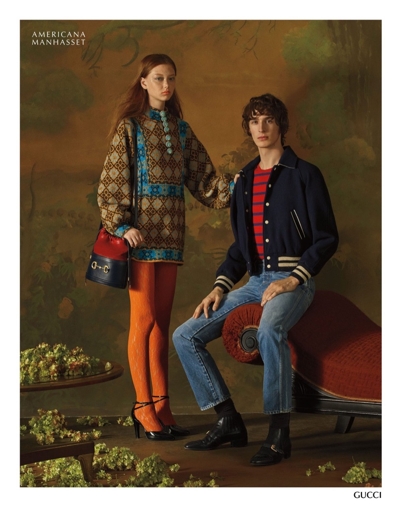 Sara Grace Wallerstedt and Dylan Fender model looks from Gucci for Americana Manhasset. 