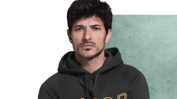 Andres Velencoso sports a logo hoodie from Jacob Cohen's fall-winter 2019 collection.