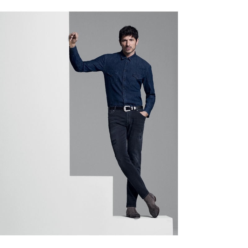 Donning a western-inspired denim look, Andres Velencoso connects with Jacob Cohen for fall.