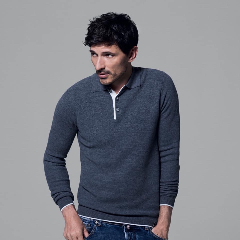 Going casual, Andres Velencoso wears a long-sleeve knit by Jacob Cohen.