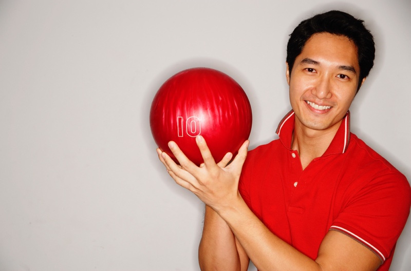 Asian Man Bowling Ball Red Shirt Smiling Asian Man Bowling Ball Red Shirt Smiling