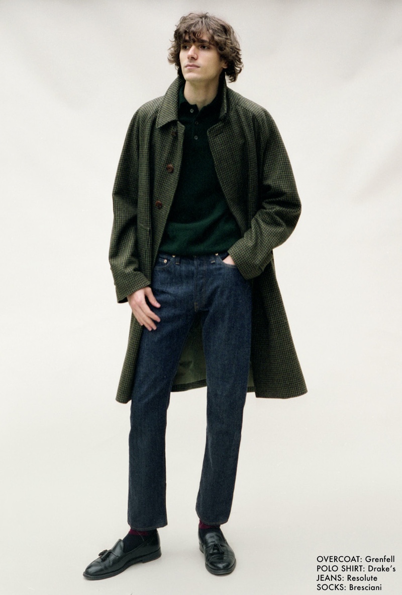 Hitting the studio, Massimo Colonna wears a Grenfell overcoat with a Drake's polo shirt, Resolute jeans and Bresciani socks.