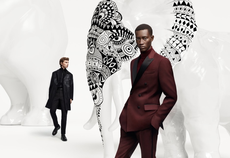 Models Erik van Gils and Oumar Diouf come together for the BOSS x Meissen holiday campaign.