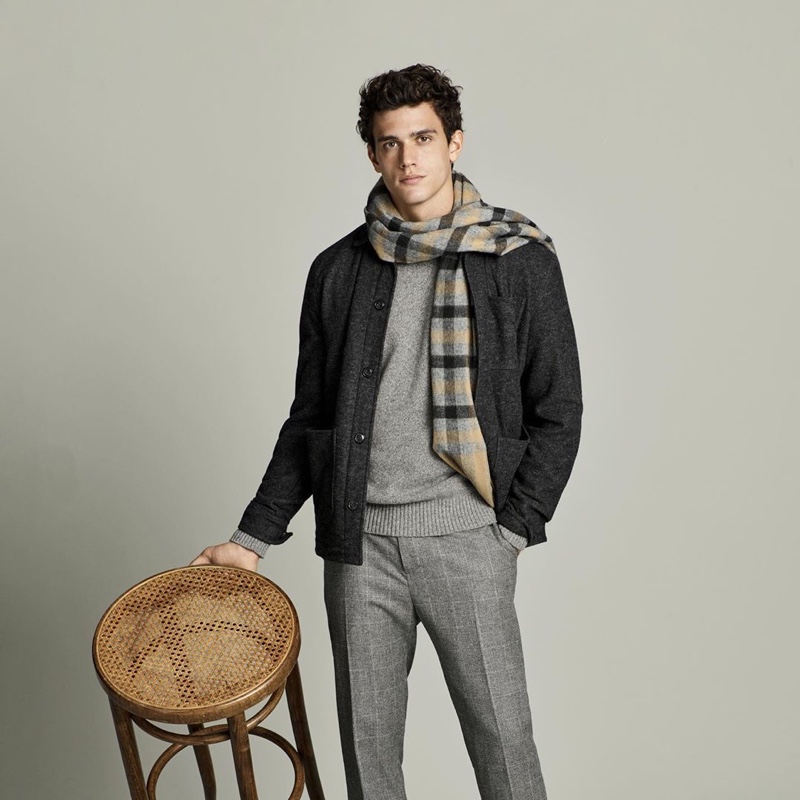 Xavier Serrano sports a gray fall look from Banana Republic.