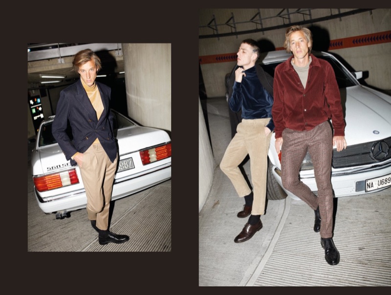 Taking to a parking garage, Joel Frampton and  Dustin Phil don sleek fall-winter 2019 styles from Briglia 1949.