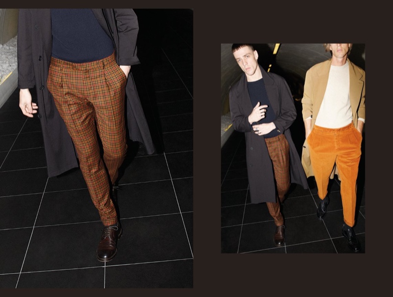 On the move, Dustin Phil and Joel Frampton sport brown trousers from Briglia 1949's fall-winter 2019 collection.