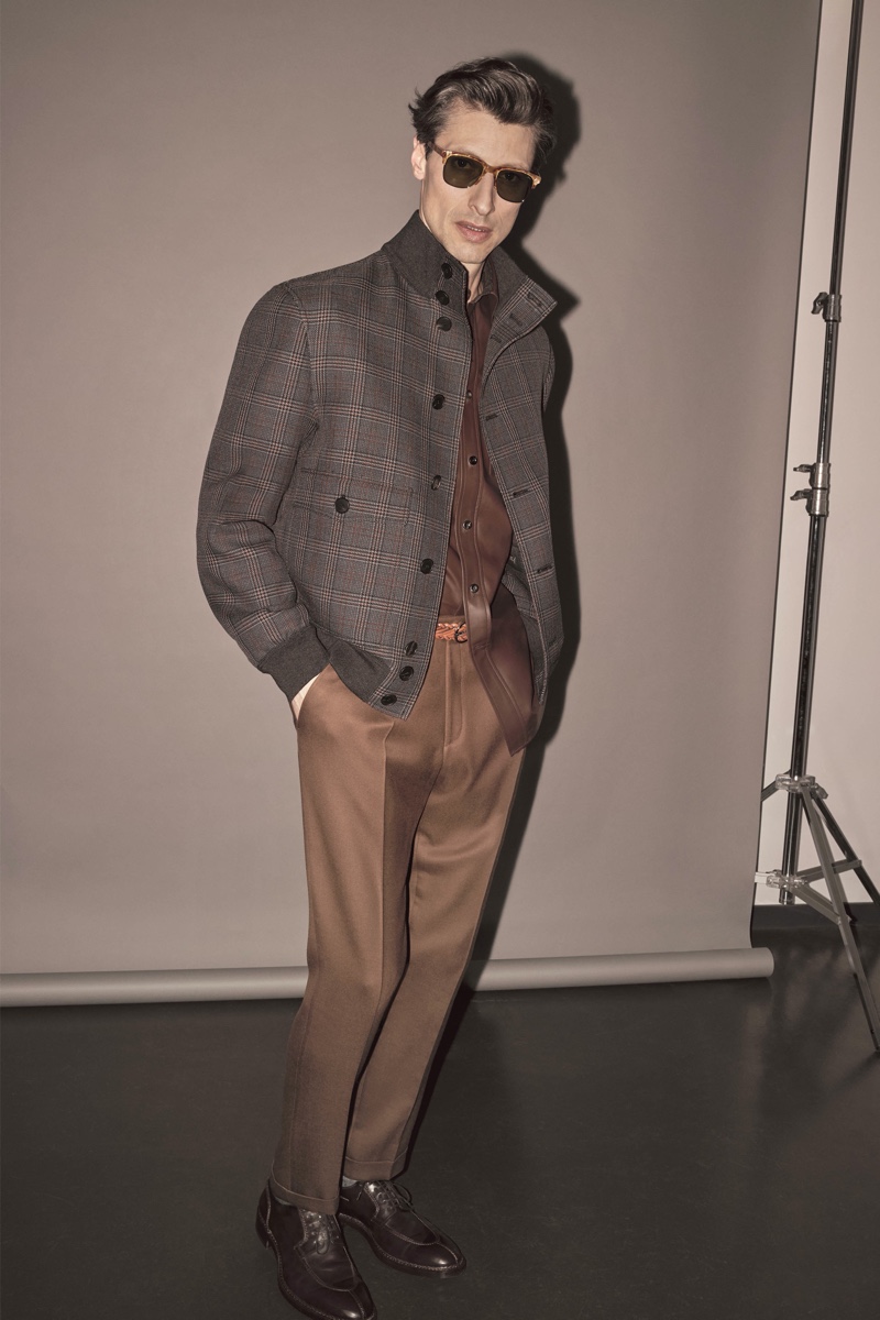Front and center, Jonas Mason sports a chic look from Brioni's fall-winter 2019 collection.