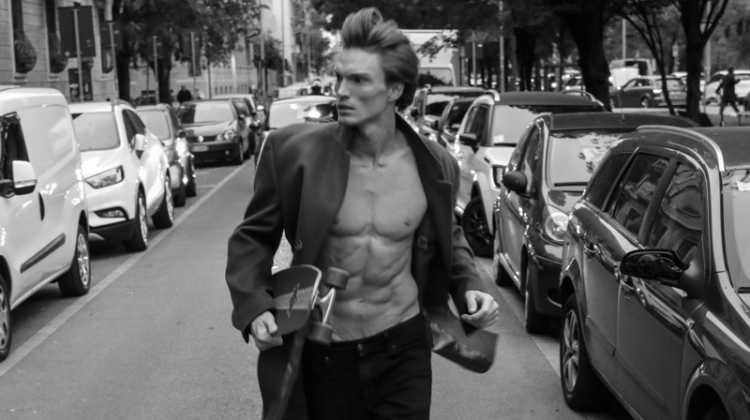 On the move, Bruno Novodvorski is captured in a black and white image.