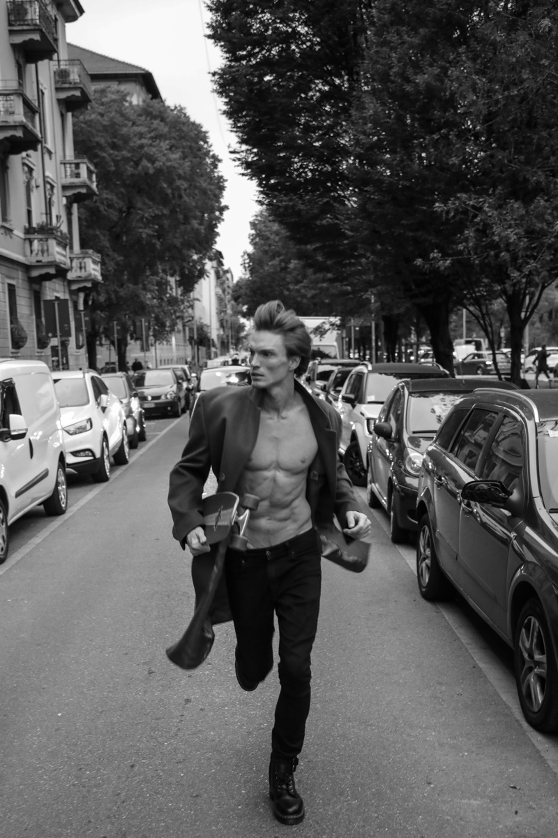 On the move, Bruno Novodvorski is captured in a black and white image.