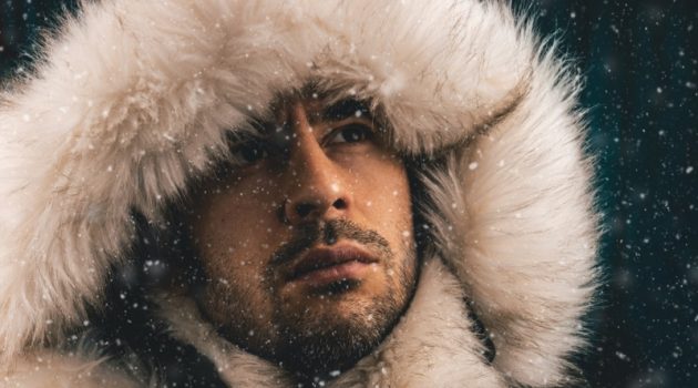 Closeup Male Model Fur Hood Jacket Winter Snow
