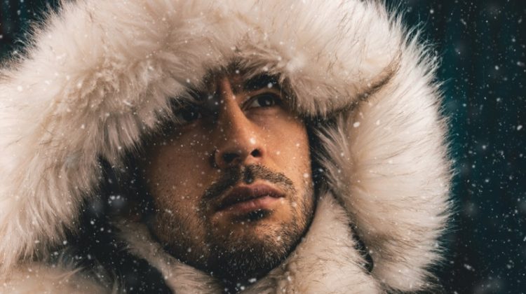 Closeup Male Model Fur Hood Jacket Winter Snow