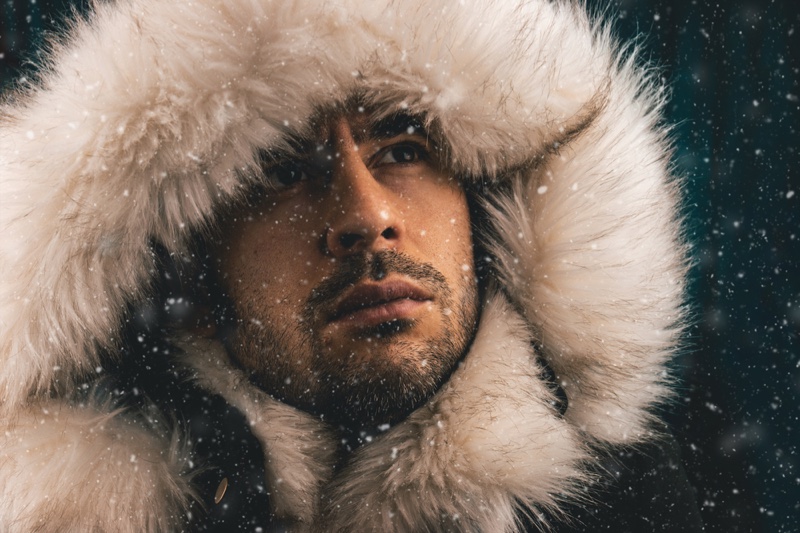 Closeup Male Model Fur Hood Jacket Winter Snow Closeup Male Model Fur Hood Jacket Winter Snow