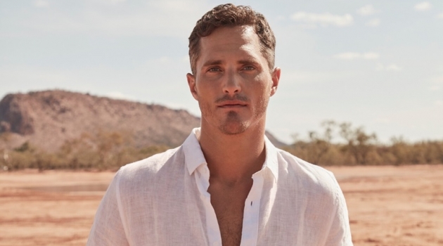 New Horizons: Ollie Reunites with Country Road for Summer '20 Campaign Ollie Edwards dons a white linen short-sleeve shirt from Country Road.