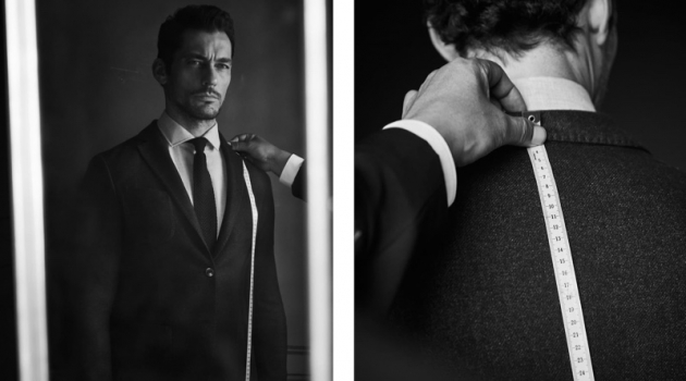 Starring in a new shoot, David Gandy gets fitted in Massimo Dutti Personal Tailoring.