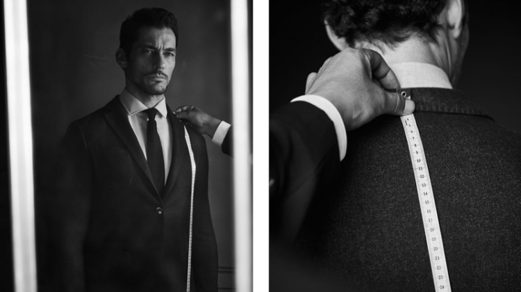 Starring in a new shoot, David Gandy gets fitted in Massimo Dutti Personal Tailoring.
