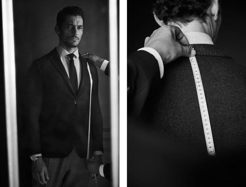 Starring in a new shoot, David Gandy gets fitted in Massimo Dutti Personal Tailoring.