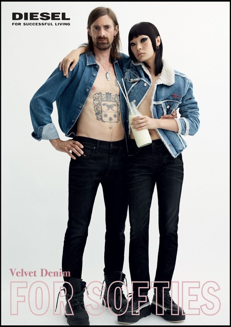 Peter Gehrke photographs Martin Ehrencrona and Chen Xue for Diesel's fall-winter 2019 Velvet Denim campaign.