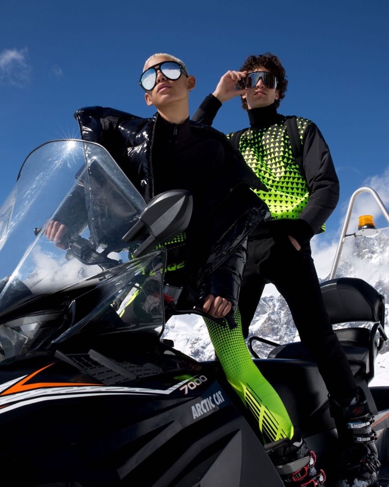 Janiece Dilone and Francisco Henriques model electric looks from the Dsquared2 Ski collection.
